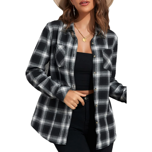 UVN Plaid Shirt for Women Oversized Flannel Long Sleeve Shirts Casual Button Down Blouse Tops with Pockets