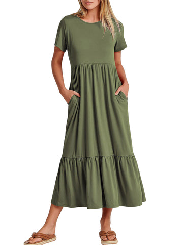 UVN Long Dresses for Women Summer Short Sleeve Casual Crewneck Maxi Dress with Pockets