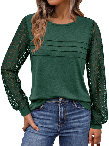 UVN Blouses for Women Dressy Lace Pleated Tunic Tops Casual Long Sleeve Fall Shirts