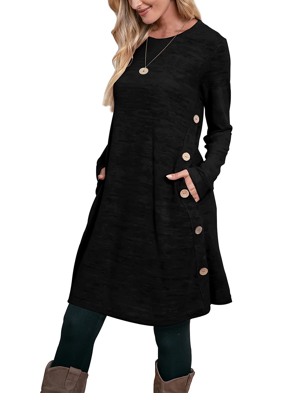 UVN Fall Dresses for Women Long Sleeve Casual Winter Dress with Pockets Buttons Side Tunic Dress