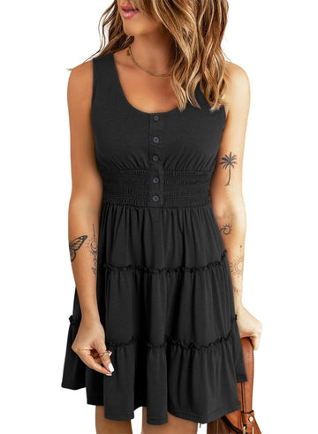 UVN Sleeveless Dresses for Women Summer Casual Button Down Sundresses Ladies Ruffle Tiered Casual Swing Beach Dress