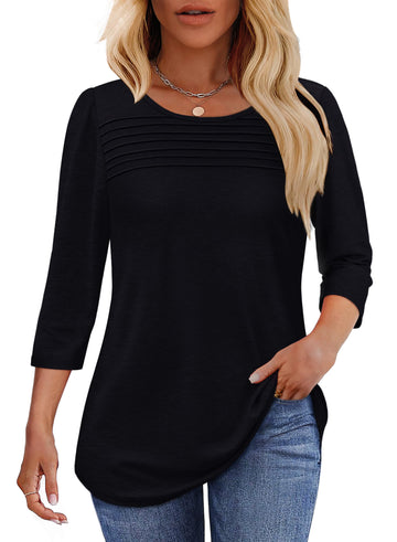 UVN Women Tunic Tops Summer 3/4 Length Sleeve Blouses Casual Crewneck Shirt Pleated Loose Tops