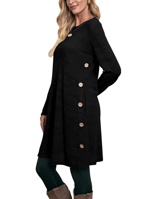 UVN Fall Dresses for Women Long Sleeve Casual Winter Dress with Pockets Buttons Side Tunic Dress