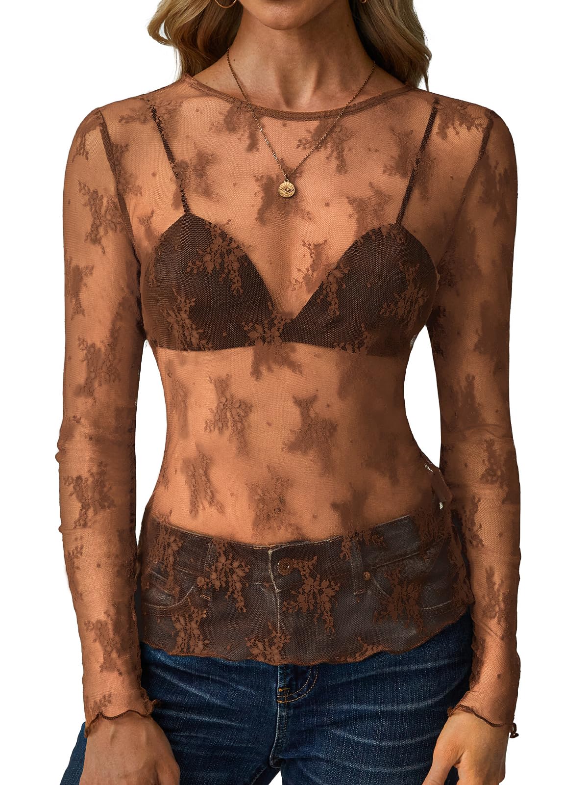 UVN Mesh Tops for Women Sheer Lace Long Sleeve Shirts Sexy Y2k See Through Party Club Blouse