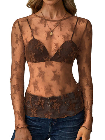 UVN Mesh Tops for Women Sheer Lace Long Sleeve Shirts Sexy Y2k See Through Party Club Blouse