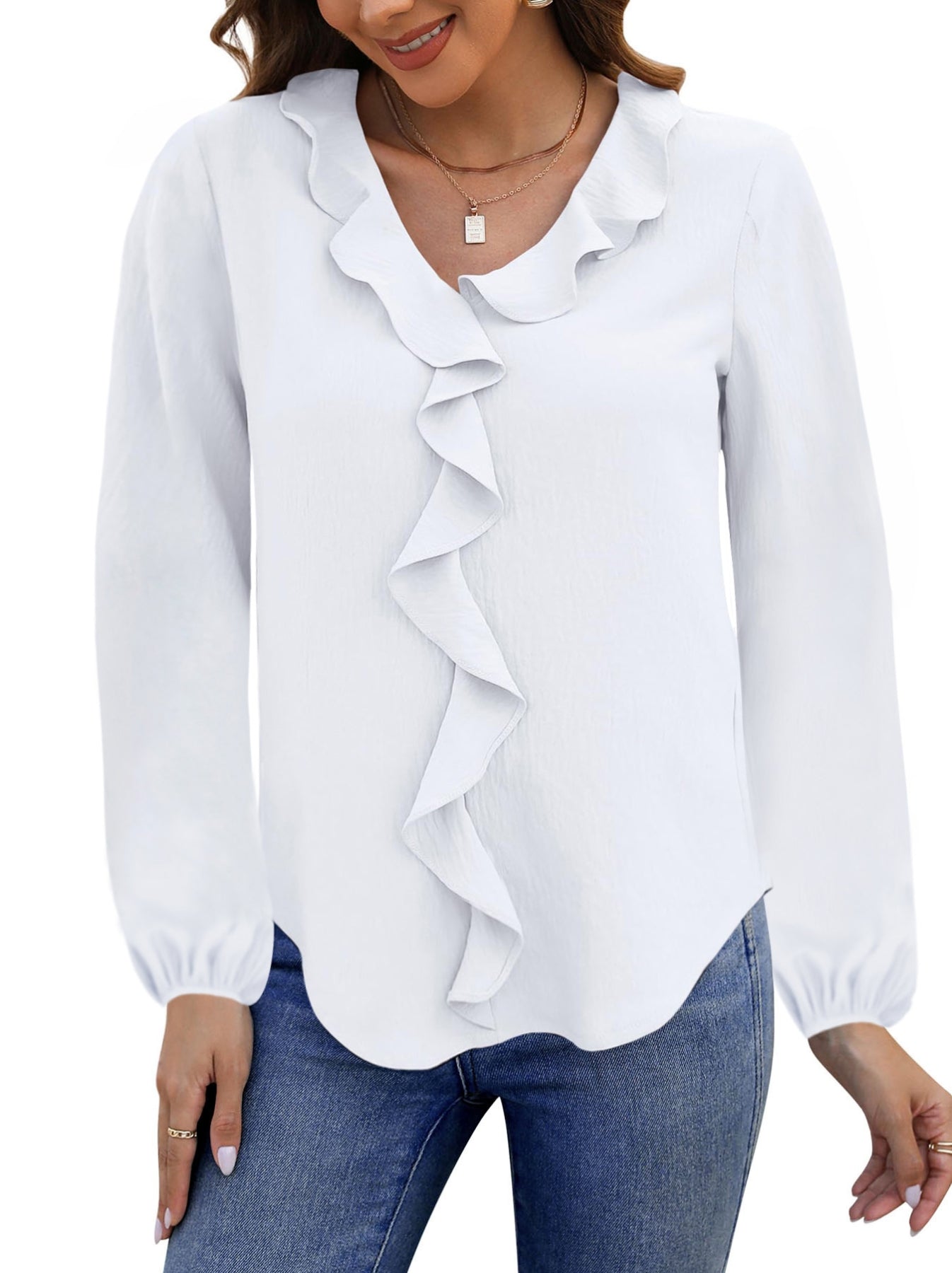 UVN Blouses for Women V Neck Long Sleeve Shirts Dressy Casual Ruffle Chiffon Tops