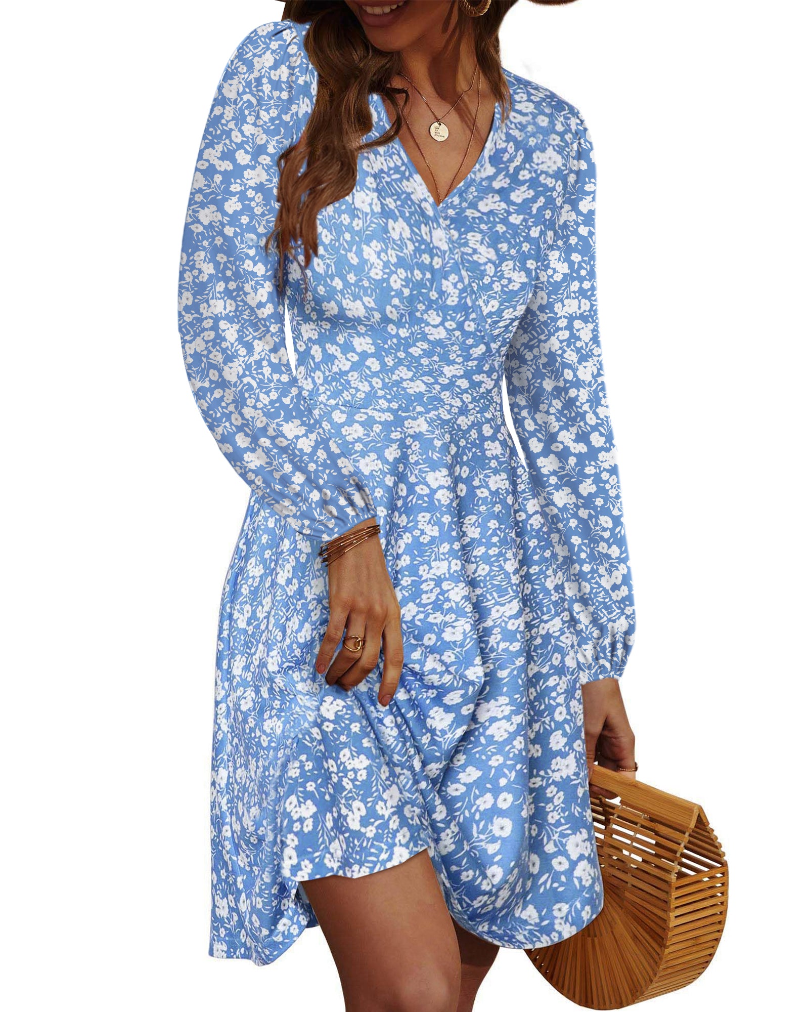 UVN Fall Dresses for Women Long Sleeve V Neck A-Line Midi Dress Boho Beach Floral Print Sundress
