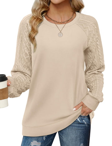 UVN Sweatshirts for Women Crewneck Cable Knit Sleeve Sweaters Casual Fall Tunic Tops