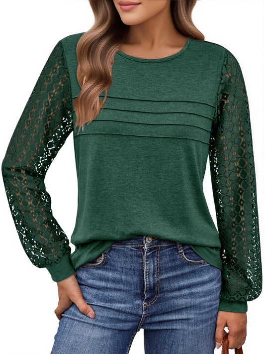 UVN Blouses for Women Dressy Lace Pleated Tunic Tops Casual Long Sleeve Fall Shirts