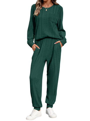 UVN Two Piece Sets for Women Casual Outfits Sets Textured Long Sleeve Shirts and Long Pants Lounge Set Fall Pajama Sets with Pockets