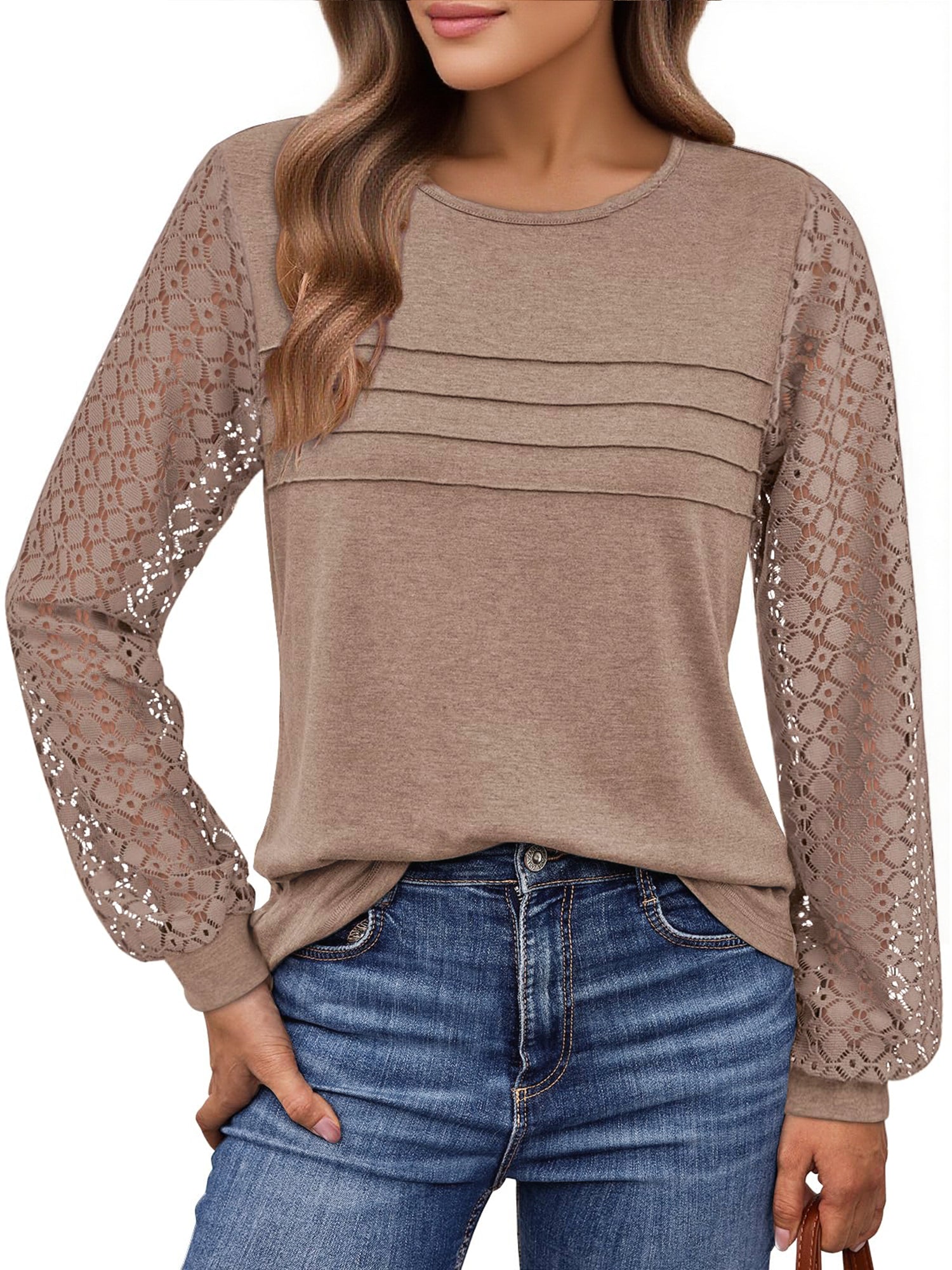 UVN Blouses for Women Dressy Lace Pleated Tunic Tops Casual Long Sleeve Fall Shirts