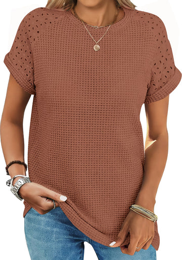 UVN Summer Blouses for Women Short Sleeve Crewneck Dressy Shirts Ladies Casual Waffle Knit Hollow Out Tunic Tops