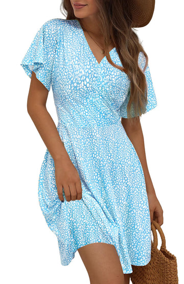 UVN Summer Dresses for Women Short Sleeve V Neck A-Line Midi Dress Boho Beach Floral Print Sundress