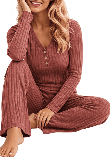 UVN Womens Pajama Sets Fall Long Sleeve V Neck Tops and Wide Leg Pants Two Piece Outfits Casual Sleepwear Pjs Lounge Sets with Pockets