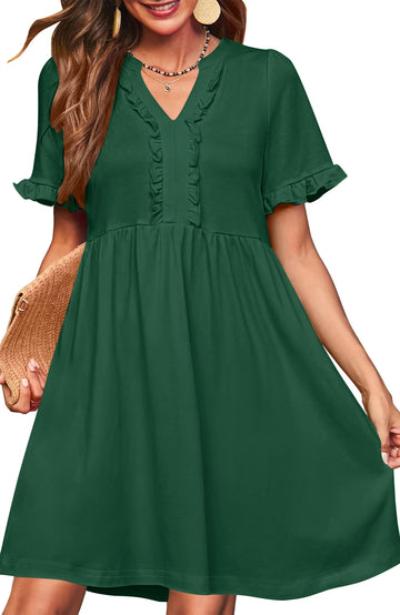 UVN Summer Dresses for Women V Neck Short Sleeve Casual A Line Dress Flowy Swing Ruffle Sundress with Pockets