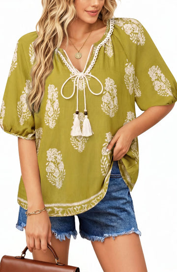 UVN Summer Tops for Women Short Sleeve V Neck Boho Casual Blouses Ladies Floral Print Tie Front Flowy Shirts