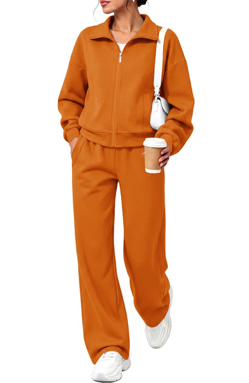 UVN Two Piece Sets for Women Fall Winter Fashion Tracksuit Outfits Lapel Long Sleeve Zip Up Tops and Pants Lounge Sets