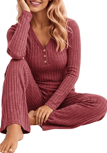 UVN Womens Pajama Sets Fall Long Sleeve V Neck Tops and Wide Leg Pants Two Piece Outfits Casual Sleepwear Pjs Lounge Sets with Pockets