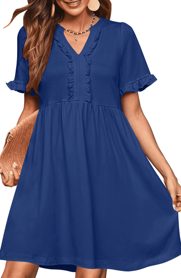 UVN Summer Dresses for Women V Neck Short Sleeve Casual A Line Dress Flowy Swing Ruffle Sundress with Pockets