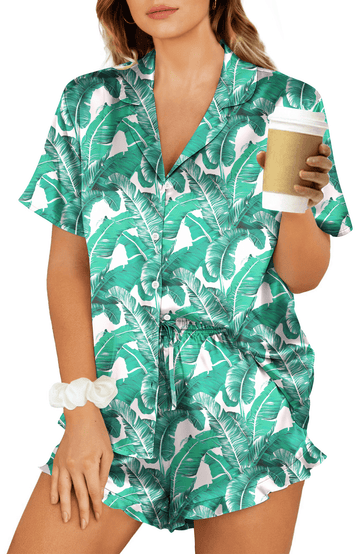 UVN Pajamas Sets for Women Short Sleeve Button Down Tops and Ruffle Shorts 2 Piece Outfit Satin Silk Pjs Sleepwear Loungewear