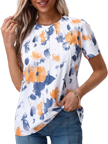 UVN Blouses for Women Summer Pleated Shirts Dressy Casual Short Sleeve Tunic Tops