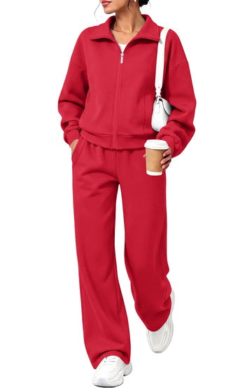 UVN Two Piece Sets for Women Fall Winter Fashion Tracksuit Outfits Lapel Long Sleeve Zip Up Tops and Pants Lounge Sets