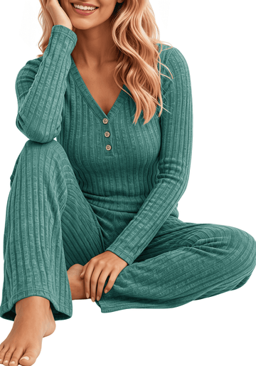 UVN Womens Pajama Sets Fall Long Sleeve V Neck Tops and Wide Leg Pants Two Piece Outfits Casual Sleepwear Pjs Lounge Sets with Pockets