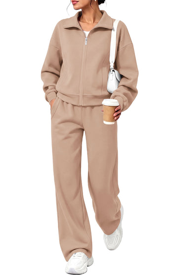 UVN Two Piece Sets for Women Fall Winter Fashion Tracksuit Outfits Lapel Long Sleeve Zip Up Tops and Pants Lounge Sets
