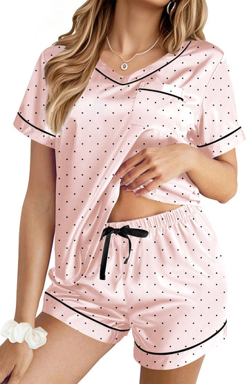 UVN Pajamas for Women Summer Short Sleeve Tops and Shorts Soft Satin Silk Pj Set Sleepwear Loungewear 2 Piece Outfit