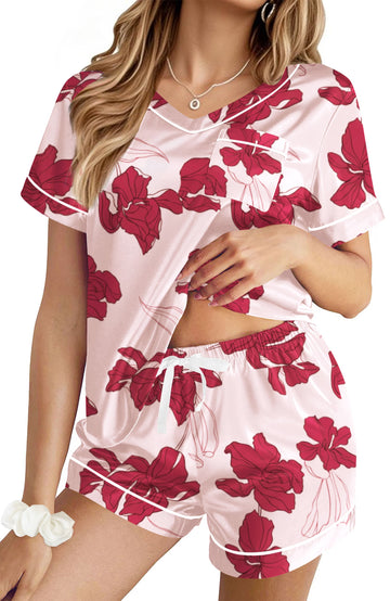 UVN Pajamas for Women Summer Short Sleeve Tops and Shorts Soft Satin Silk Pj Set Sleepwear Loungewear 2 Piece Outfit
