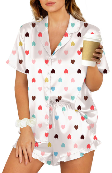 UVN Pajamas Sets for Women Short Sleeve Button Down Tops and Ruffle Shorts 2 Piece Outfit Satin Silk Pjs Sleepwear Loungewear