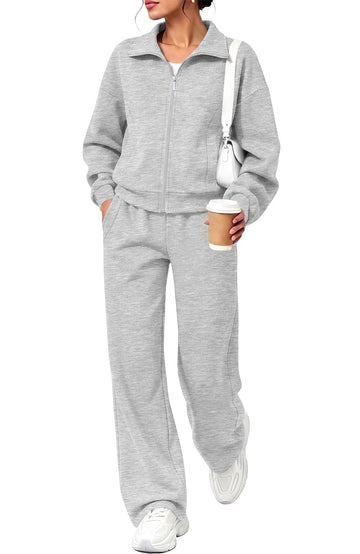 UVN Two Piece Sets for Women Fall Winter Fashion Tracksuit Outfits Lapel Long Sleeve Zip Up Tops and Pants Lounge Sets