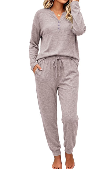 UVN Pajamas Sets for Women Long Sleeve Henley Neck Tops and Pants Two Piece Outfits Fall Winter Casual Sleepwear Pjs Lounge Sets