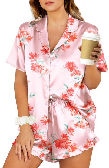 UVN Pajamas Sets for Women Short Sleeve Button Down Tops and Ruffle Shorts 2 Piece Outfit Satin Silk Pjs Sleepwear Loungewear