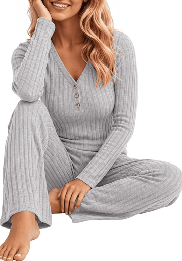 UVN Womens Pajama Sets Fall Long Sleeve V Neck Tops and Wide Leg Pants Two Piece Outfits Casual Sleepwear Pjs Lounge Sets with Pockets