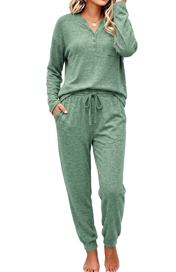 UVN Pajamas Sets for Women Long Sleeve Henley Neck Tops and Pants Two Piece Outfits Fall Winter Casual Sleepwear Pjs Lounge Sets