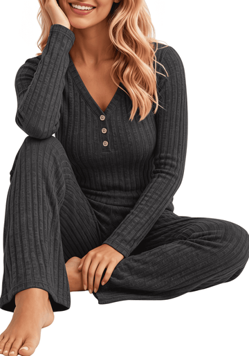 UVN Womens Pajama Sets Fall Long Sleeve V Neck Tops and Wide Leg Pants Two Piece Outfits Casual Sleepwear Pjs Lounge Sets with Pockets