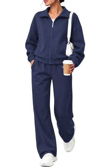 UVN Two Piece Sets for Women Fall Winter Fashion Tracksuit Outfits Lapel Long Sleeve Zip Up Tops and Pants Lounge Sets