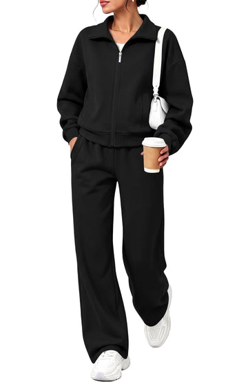UVN Two Piece Sets for Women Fall Winter Fashion Tracksuit Outfits Lapel Long Sleeve Zip Up Tops and Pants Lounge Sets