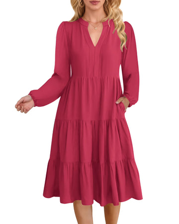 UVN Fall Dresses for Women Long Sleeve V Neck Midi Dress Casual Loose Flowy Swing Tiered Dress with Pockets