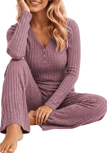UVN Womens Pajama Sets Fall Long Sleeve V Neck Tops and Wide Leg Pants Two Piece Outfits Casual Sleepwear Pjs Lounge Sets with Pockets