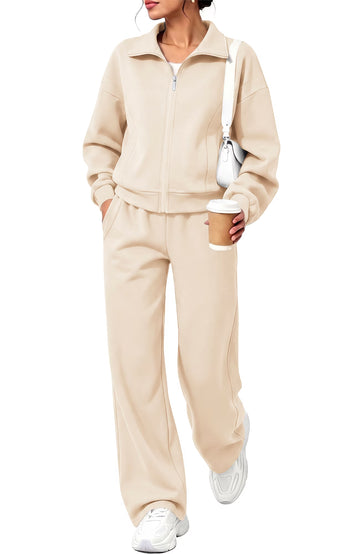 UVN Two Piece Sets for Women Fall Winter Fashion Tracksuit Outfits Lapel Long Sleeve Zip Up Tops and Pants Lounge Sets