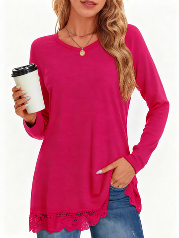 UVN Fall Tops for Women Long Sleeve Lace Trim V Neck Blouses Dressy Casual A Line Tunic Shirts