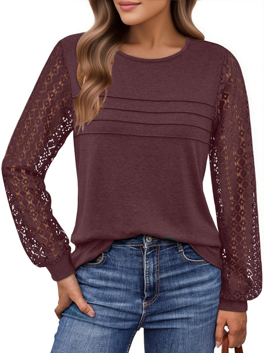 UVN Blouses for Women Dressy Lace Pleated Tunic Tops Casual Long Sleeve Fall Shirts