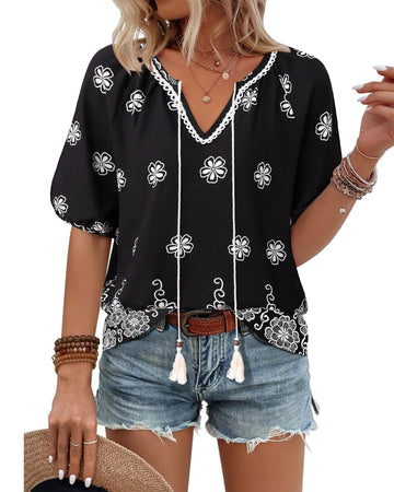 UVN Summer Tops for Women Short Sleeve V Neck Boho Casual Blouses Ladies Floral Print Tie Front Flowy Shirts