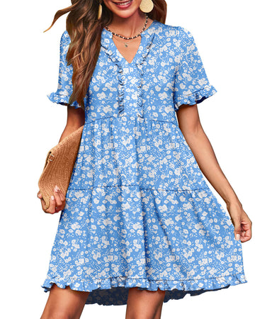 UVN Summer Dresses for Women V Neck Short Sleeve Casual A Line Dress Flowy Swing Ruffle Sundress with Pockets