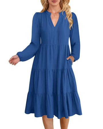 UVN Fall Dresses for Women Long Sleeve V Neck Midi Dress Casual Loose Flowy Swing Tiered Dress with Pockets