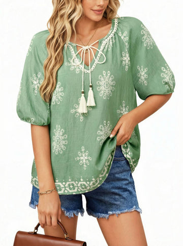 UVN Summer Tops for Women Short Sleeve V Neck Boho Casual Blouses Ladies Floral Print Tie Front Flowy Shirts