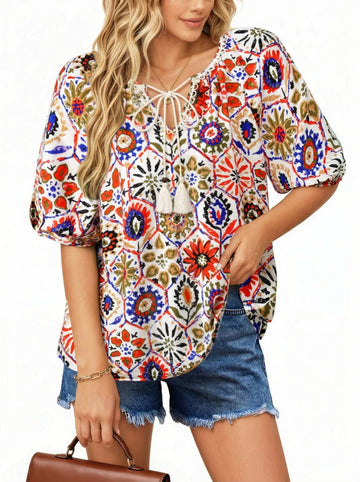 UVN Summer Tops for Women Short Sleeve V Neck Boho Casual Blouses Ladies Floral Print Tie Front Flowy Shirts