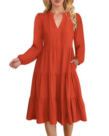 UVN Fall Dresses for Women Long Sleeve V Neck Midi Dress Casual Loose Flowy Swing Tiered Dress with Pockets